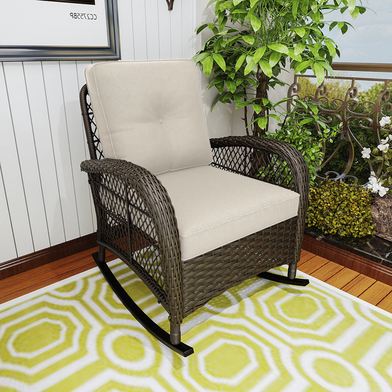 Bungalow Rose Wicker Outdoor Rocking Chair Lounge Chair Patio With Beige Cushion Wayfair